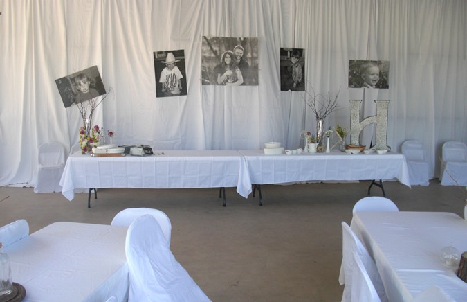 "Serving Space & Photos Along Pavilion Back Wall"